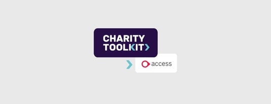 the charity toolkit and access logo sit on a grey background, joined by a small green arrow