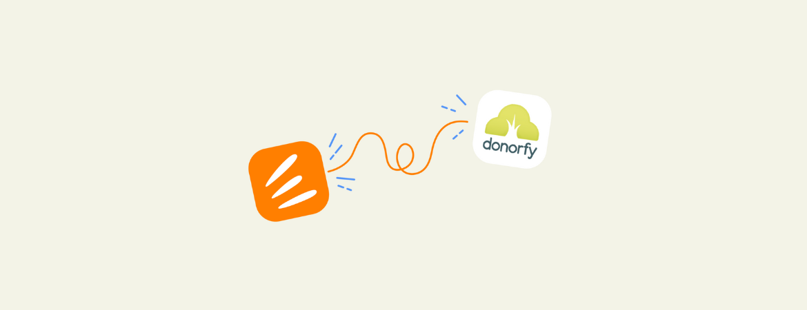 Square Enthuse and Donorfy logos joined together with an orange swirly line