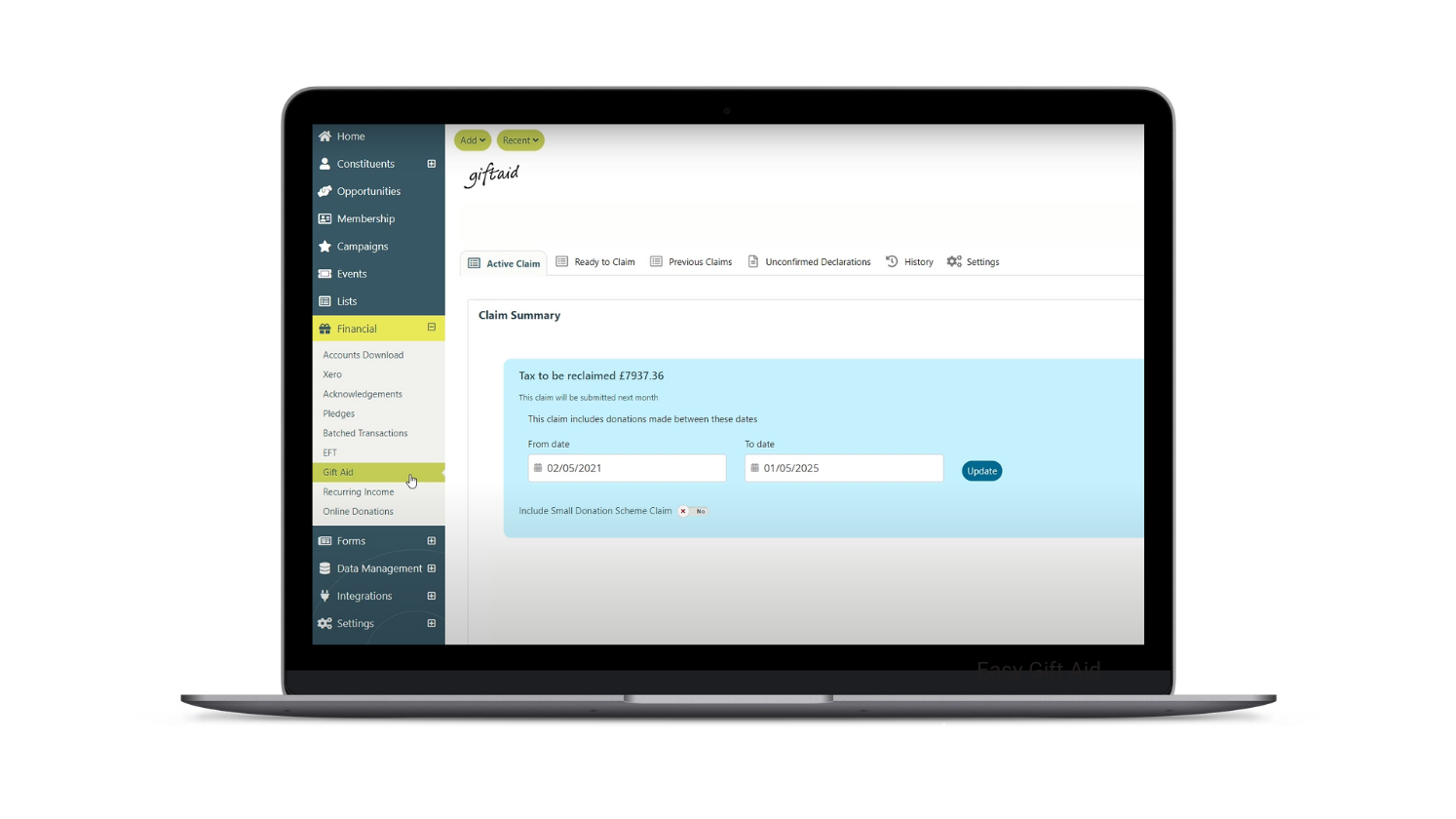 Income Processing and Gift Aid Image for Donorfy Charity CRM